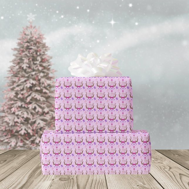 Rosa Girly Reindeer Mönster Cute Mix Presentpapper (Skapare uppladdad)