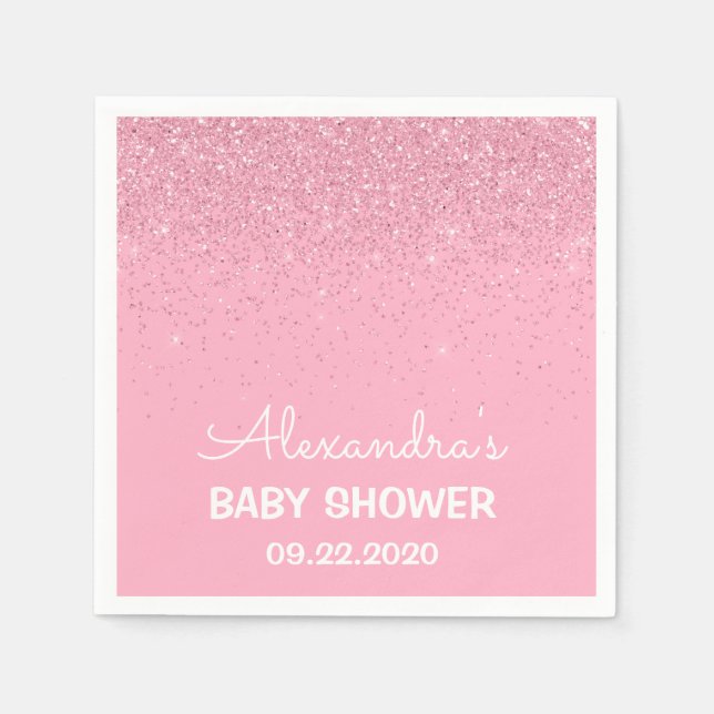 Rosa Girly Sparkly Glitter Baby Shower Pappersservett (Framsidan)