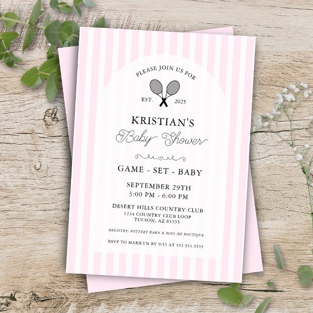Rosa Girly Tennis Land Klubb Baby Shower Party Inbjudningar (Pink tennis theme game set baby preppy pin stripe elegant country club baby shower invitations)