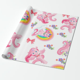 Rosa Girly Unicorn Rainbow Mönster Wrapping Papper Presentpapper