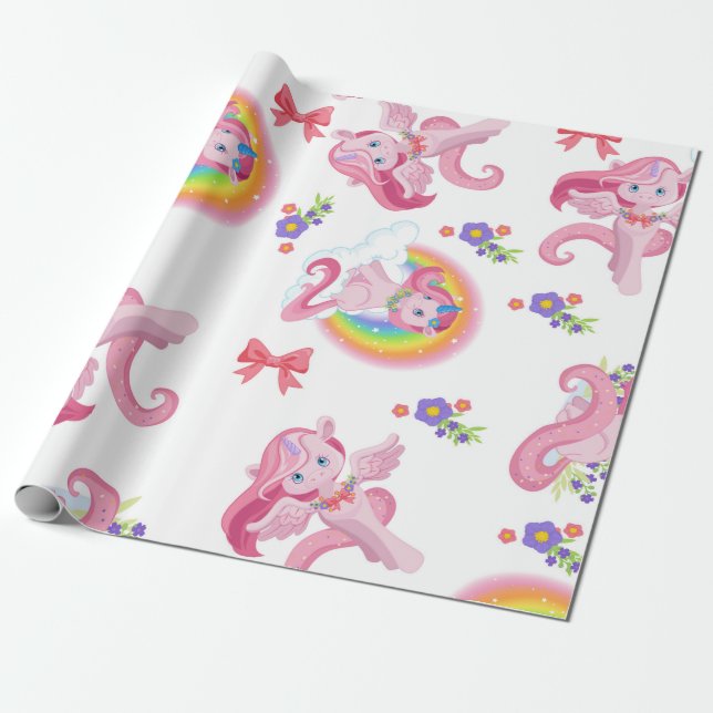 Rosa Girly Unicorn Rainbow Mönster Wrapping Papper Presentpapper (Utrullad)