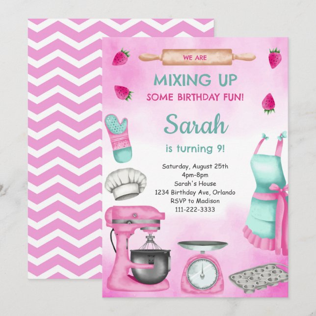 Rosa Girly Watercolor Baking Birthday-inbjudan Inbjudningar (Fram/baksida)