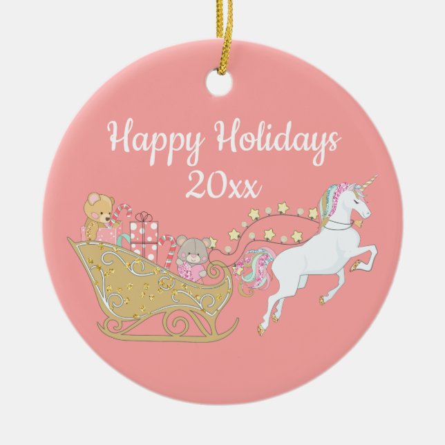 Rosa Glad helg Unicorn Santa's Sleigh Julgransprydnad Keramik (Framsidan)