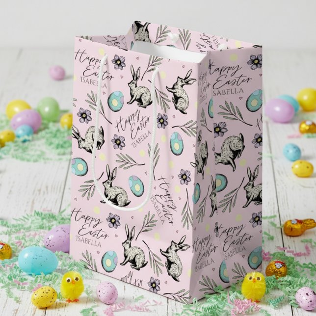 Rosa Glad påsk Namn Bunny (Cute Happy Easter Pastel Pink Gift Bags for Kids Egg Hunt with Name. Bunny Rabbit, Eggs & Flowers)