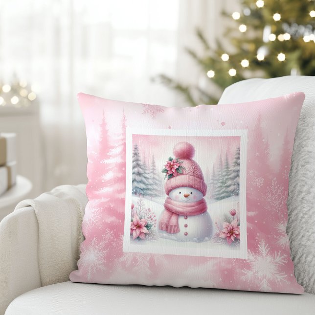 Rosa glädjesnömannen söt vinter scen dekoration ku kudde (Pink Joy Snowman Cute Winter Scene Decor Pillow)