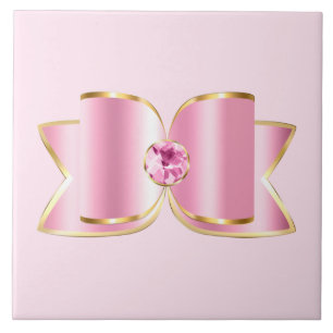 Rosa Glam Bow med Center Gemstone Kakelplatta