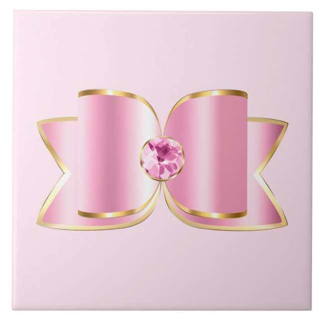 Rosa Glam Bow med Center Gemstone Kakelplatta (Framsidan)