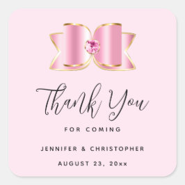 Rosa Glam Bow med Centre Gem Bröllop Tack Fyrkantigt Klistermärke