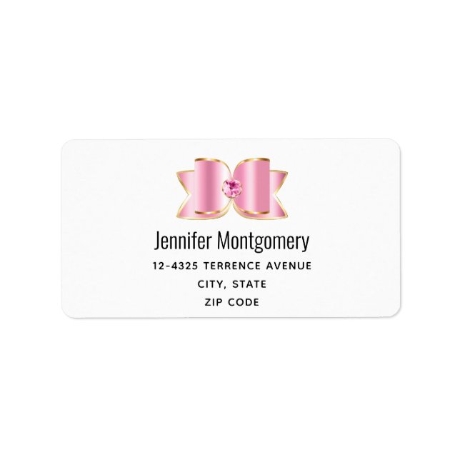 Rosa Glam Bow med Centre Gemstone Adress Adressetikett (Framsidan)