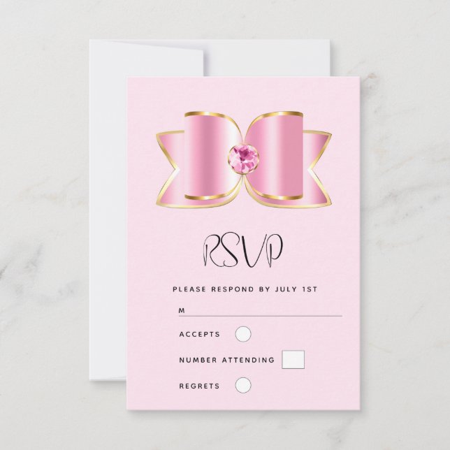 Rosa Glam Bow med Centre Gemstone Bröllop OSA Kort (Framsida)