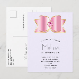 Rosa Glam Bow med Gemstone Birthday Inbjudan Vykort