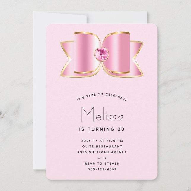 Rosa Glam Bow med Gemstone Birthday Inbjudningar (Framsida)