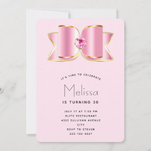 Rosa Glam Bow med Gemstone Birthday Inbjudningar