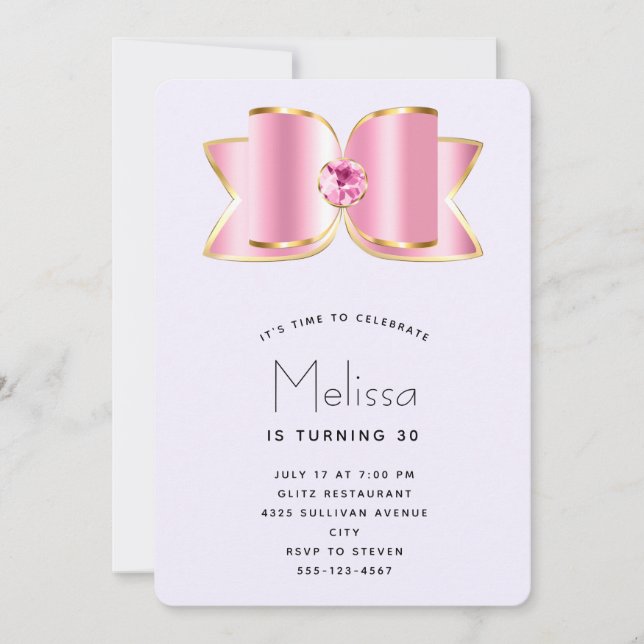 Rosa Glam Bow med Gemstone Birthday Inbjudningar (Framsida)