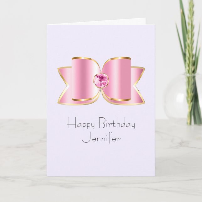 Rosa Glam Bow med Gemstone Birthday Kort (Framsida)
