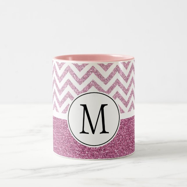 Rosa Glam Faux Glitter Chevron Två-Tonad Mugg (Center)