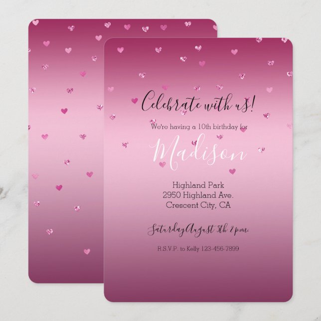Rosa Glam Glitter Hearts Inbjudningar (Fram/baksida)