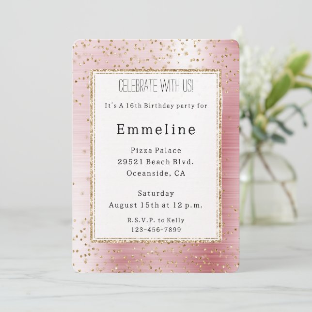  Rosa Glam Guld Gnistra  Confetti Birthday Inbjudningar (Stående Fram)