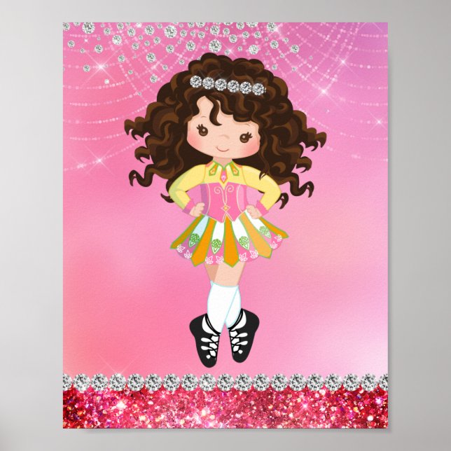 Rosa Glam Irish Dance Brunette Girl Poster (Framsidan)