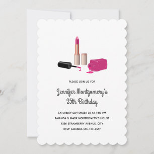 Rosa Glam Läppstift & Nagellack Skönhet Födelsedag Inbjudningar