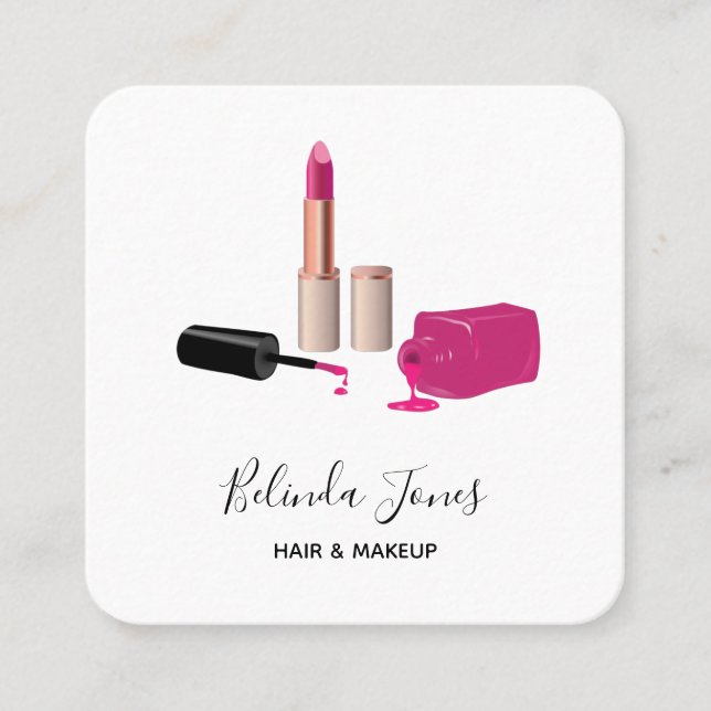 Rosa Glam Läppstift & Nagellack Skönhetstema Fyrkantigt Visitkort (Framsida)