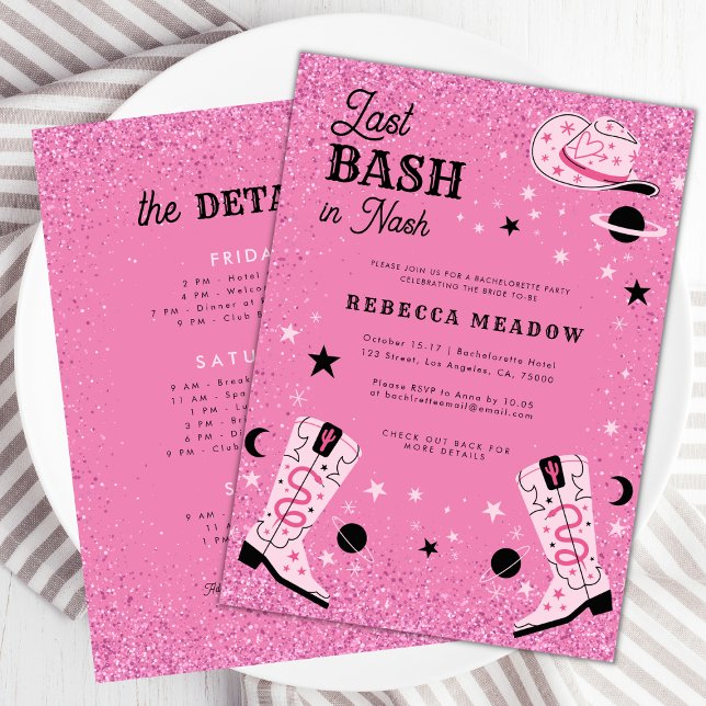 Rosa Glam Last Bash i Nash Nashville Bachelorette Inbjudningar (Skapare uppladdad)