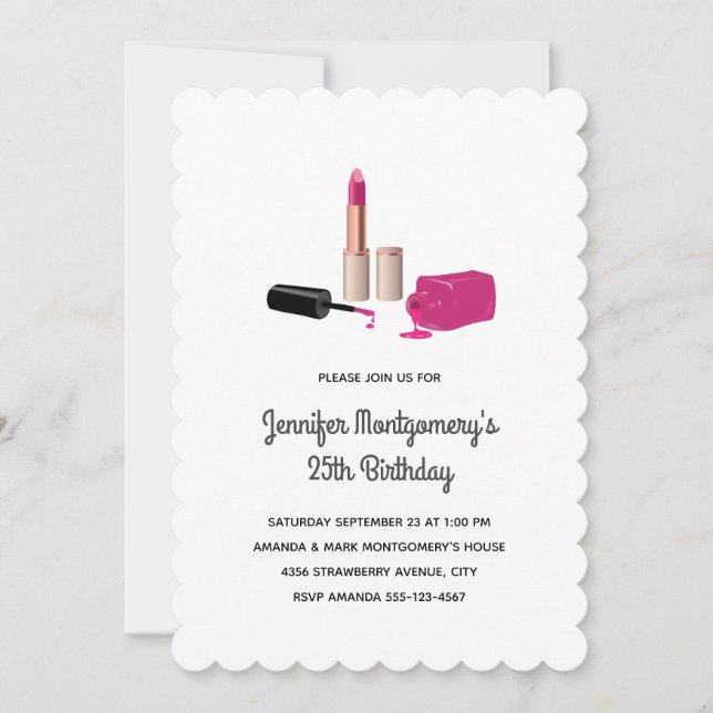 Rosa Glam Lipstick & Nagel Polska Beauty Birthday Inbjudningar (Framsida)