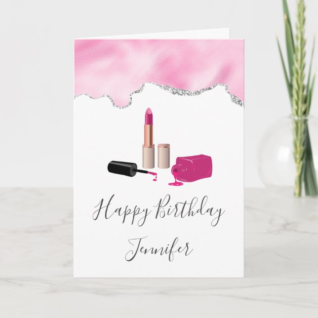 Rosa Glam Lipstick & Nagel Polska Beauty Birthday Kort (Framsida)