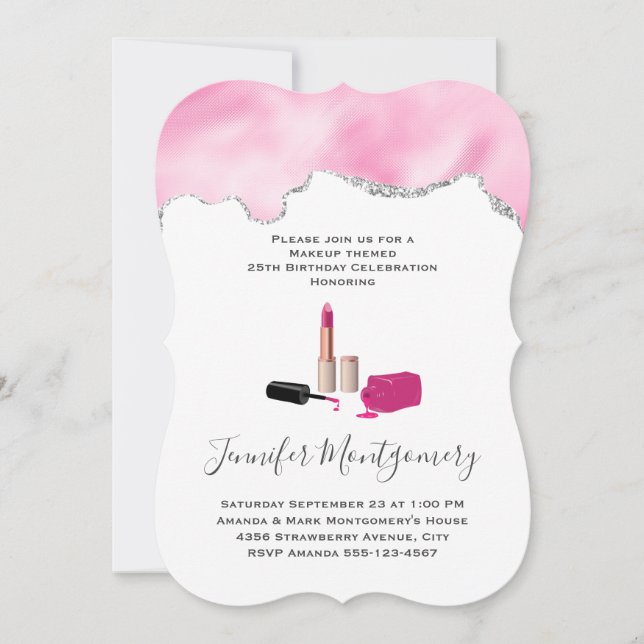 Rosa Glam Lipstick & Nagel polska Beauty Thmet Inbjudningar (Framsida)