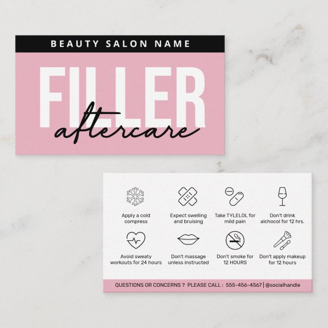 Rosa Glam Modern Filler Eftervårdsguide Visitkort (Fram/baksida)