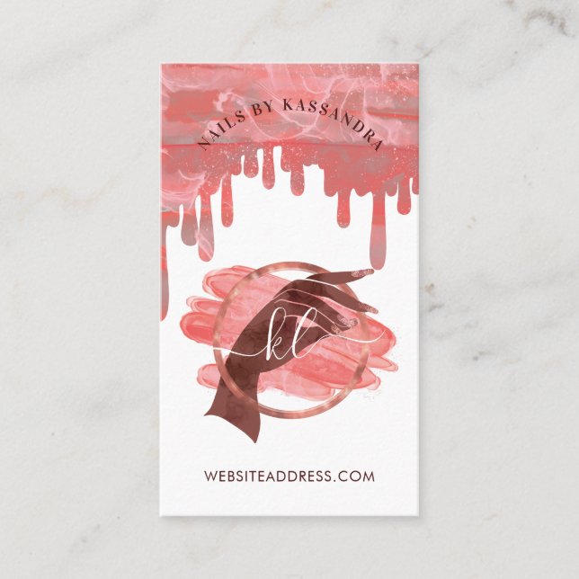 Rosa Glam Nail Art Manicuc Salon Script Monogram Visitkort (Framsida)