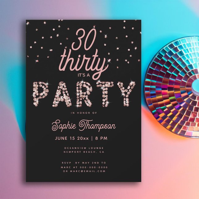Rosa Glam Rhinestones Calligraphy 30års födelsedag Inbjudningar (So Pink Rhinestones Calligraphy 30th Birthday Invite for Women Black Classy Modern Elegant Chic)