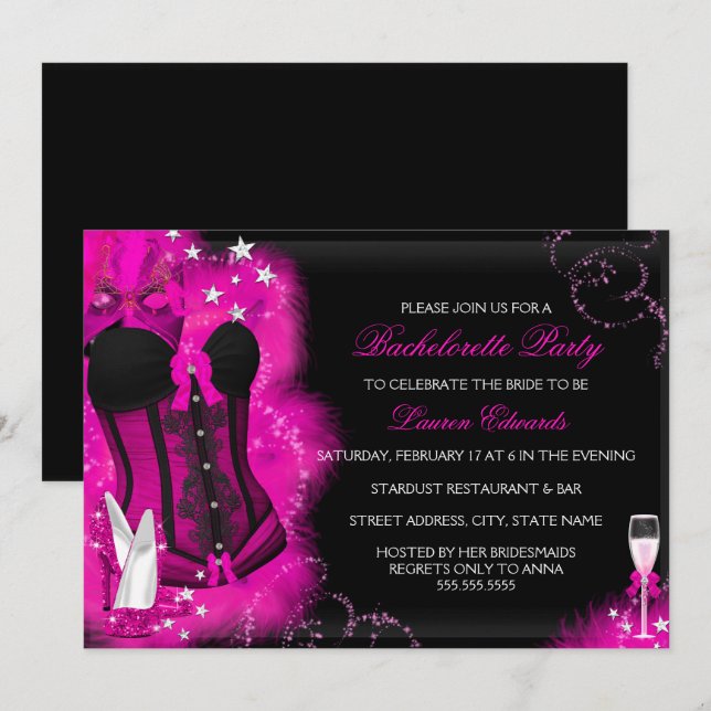 Rosa Glamdräkts-korsett Bachelorette-fest inbjudan (Fram/baksida)