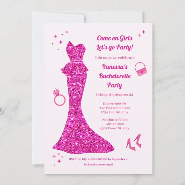 Rosa Glamoral Dress Bachelorette Party Inbjudningar (Framsida)