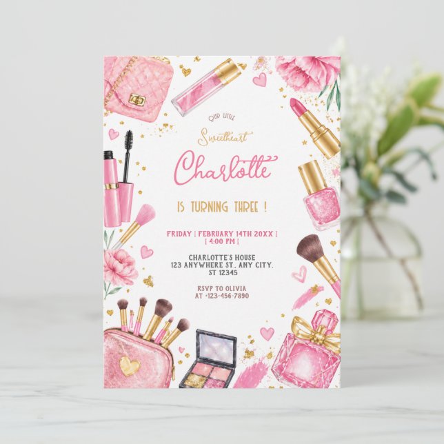 Rosa Glamörig Makeup Födelsedagsfest Tjej Chic Inbjudningar (Stående Fram)