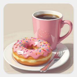 Rosa glaserad munk och kaffe fyrkantigt klistermärke