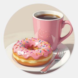 Rosa glaserad munk och kaffe runt klistermärke