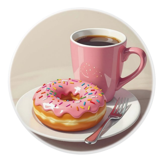 Rosa glaserad munk och kaffekopp knopp (Framsidan)