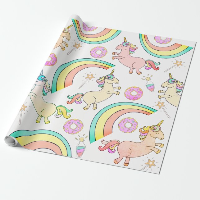 Rosa glassdonutsar, enhörningar, magiska stavar, r presentpapper (Utrullad)