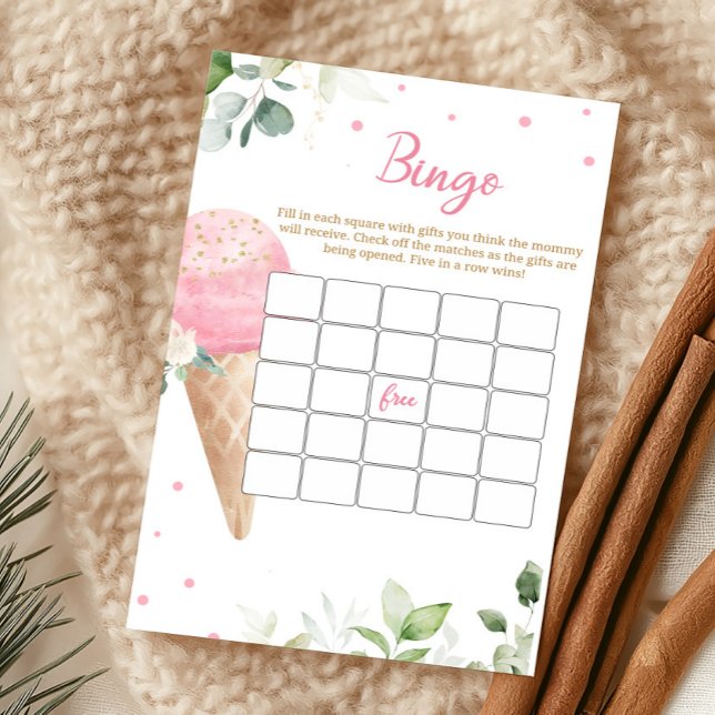 Rosa Glasskaka Baby Shower Bingo Spel (Girl Ice Cream Baby Shower Bingo Game)