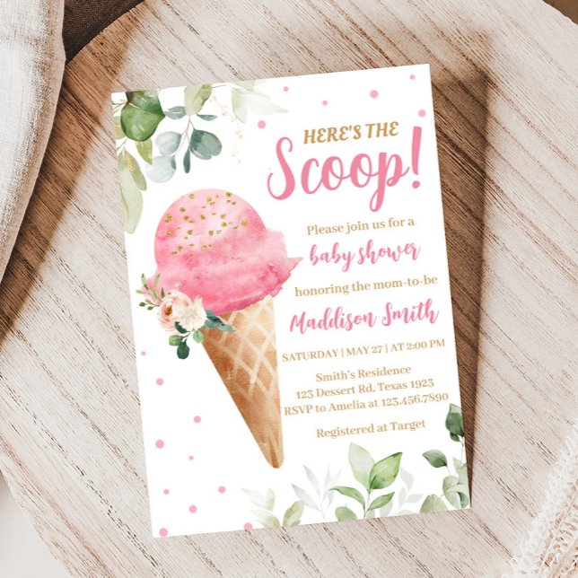 Rosa Glasskaka Baby Shower Inbjudan (Girl Ice Cream Baby Shower Invitation)