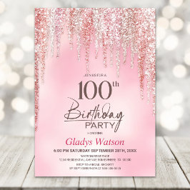 Rosa Glitter 100-årsfirande Inbjudningar