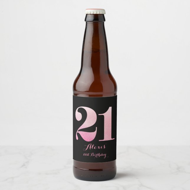 Rosa Glitter 21:a födelsedag Party Ölflaska Etikett (Framsida)