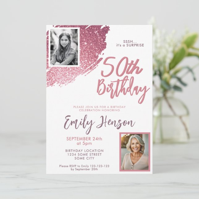 Rosa glitter 2 foto överraskning 50-årsdag inbjudningar (Stående Fram)