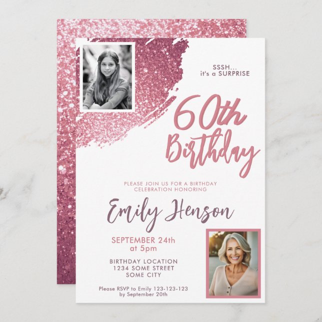 Rosa Glitter 2 Fotoöverraskning 60:e födelsedagen Inbjudningar (Fram/baksida)