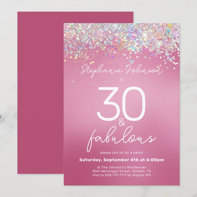 Rosa Glitter 30 och Fabulous 30års födelsedag Part Inbjudningar (Fram/baksida)