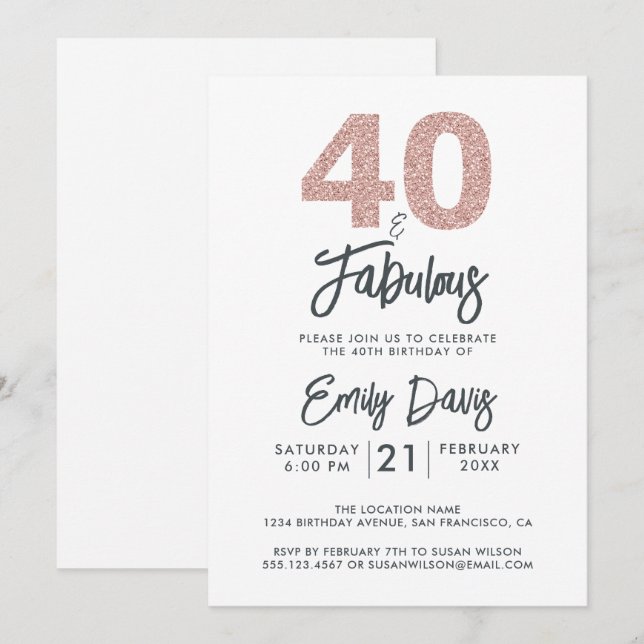 Rosa Glitter 40 och Fabulous | 40:e födelsedag Par Inbjudningar (Fram/baksida)