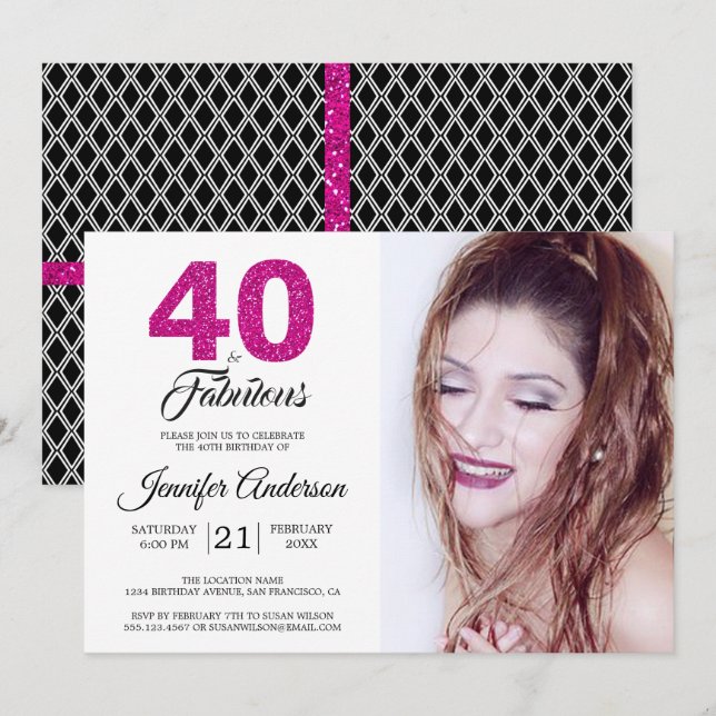 Rosa Glitter 40 och Fabulous 40:e födelsedagsfoto Inbjudningar (Fram/baksida)