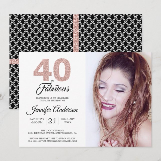 Rosa Glitter 40 och Fabulous 40:e födelsedagsfoto Inbjudningar (Fram/baksida)