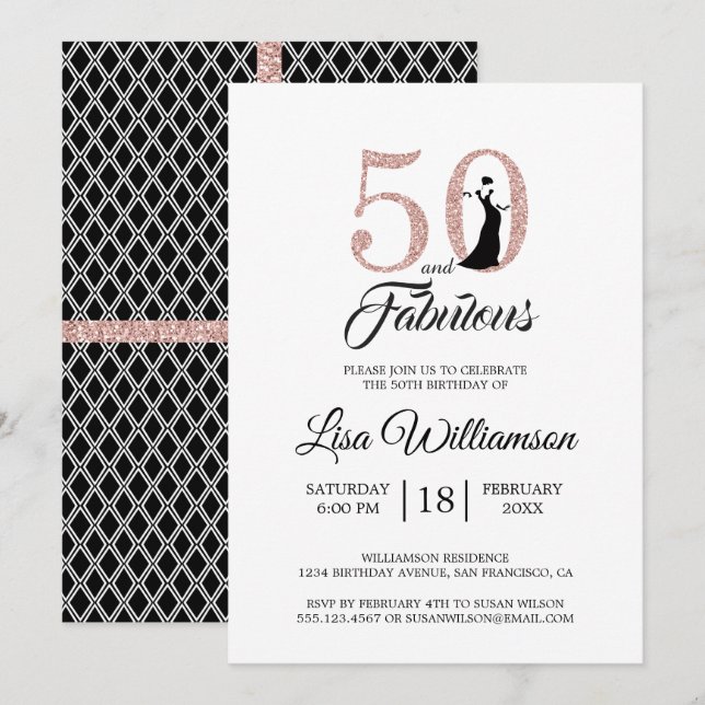  Rosa Glitter 50 Fabulous 50:e Födelsedagsfesten Inbjudningar (Fram/baksida)